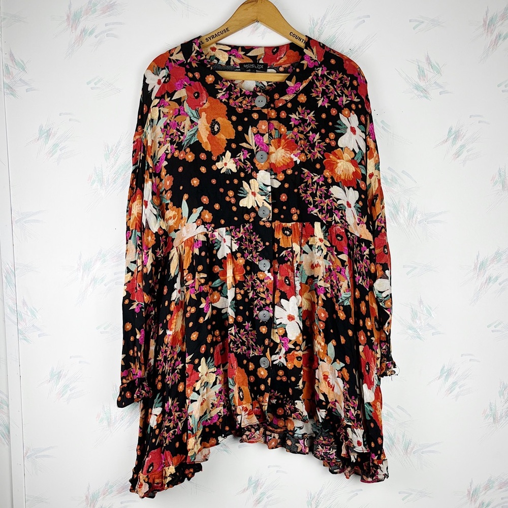 Rachel Zoe Floral Print Asymmetrical Tunic Dress Long Sleeve Button Down Large